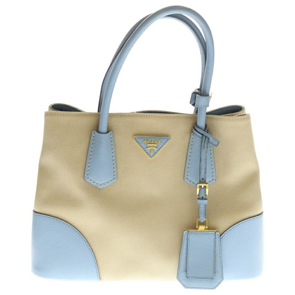 PRADA Tote bag handbag shoulder beige blue canvas Saffiano